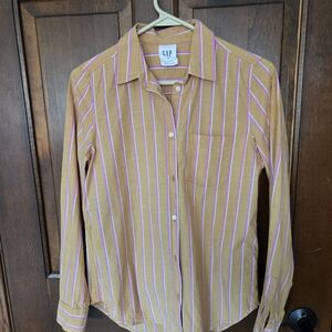 GAP Button-Up Shirt in Mustard with Pink & White Stripes